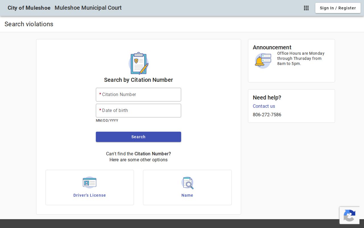 Bailey County warrant records reference, Muleshoe municipal citation search fields